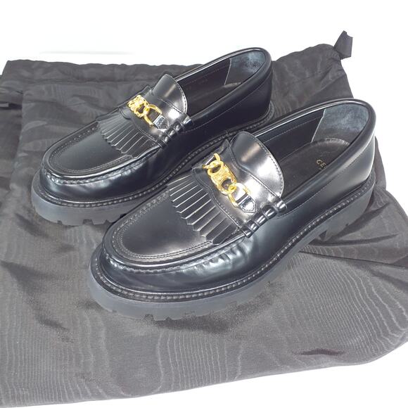 Celine 'Margaret' Black Round Toe Loafer With Triomphe Chain Size 8.5 - Picture 2 of 7